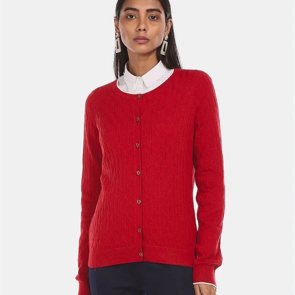 Red Cable Knit Sweater Cardigan Tommy Hilfiger Size XL - Picture 9 of 10